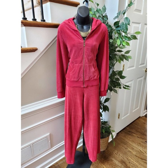 Three Hearts Women's Solid Red Cotton Full Zip Jacket & Trouser 2 Pc's Suit L - Picture 1 of 13